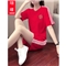 珝嬛短裤女运动套装女夏2020新款时尚宽松韩版减龄遮肚学生短袖t恤热裤跑步两件套大码女装休闲裤女夏潮 红色 此码勿拍.请拍自身对应码数