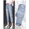 【2件特价】右昀 破洞牛仔裤女装九分裤宽松潮烂夏季薄款2020新款高腰显瘦春秋老爹乞丐裤子 浅蓝(正常腰) 28【适合106-110斤】