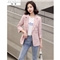简草 小西装女2020秋季新款时尚韩版气质百搭修身休闲格子一粒扣单层小西服短外套女X8012 粉色 2XL
