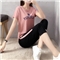 琴虞QY休闲裤女休闲运动服套装女2020年夏季新款学生宽松绣花七分裤时尚短袖两件套 粉色 M【建议80-100斤左右】